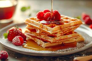 Stack of Belgian waffles with raspberries with maple syrup. photo