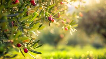 Olive tree with ripe olives on the background of the garden. photo