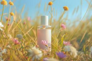 Bottle of moisturizer for skin, natural ingredients. photo