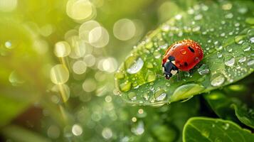 Ladybug on green leaves with morning dew, copy space. photo