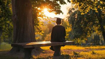 un graduado se sienta en un banco, acecho el puesta de sol y contemplando . foto