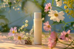 Bottle of moisturizer for skin with natural ingredients. photo