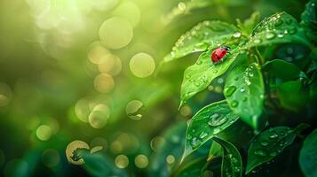 Ladybug on green leaves with morning dew, copy space. photo
