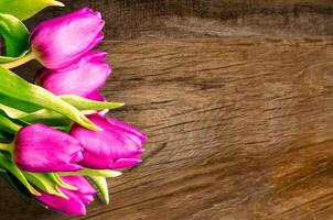 Bouquet of beautiful tulips on wooden background. Tulips on old boards photo