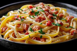 A portion of carbonara pasta in a plate on the table. photo