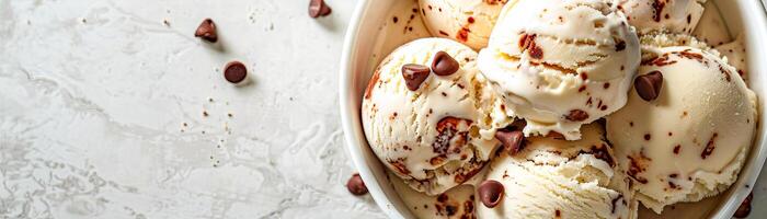 Ice cream with chocolate chip cookie. Banner, place for text. photo