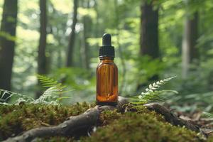 An essential oil bottle with a dropper cap sits on the forest floor. photo