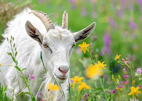 un blanco cabra con largo cuernos roza en un prado rodeado por flores silvestres foto