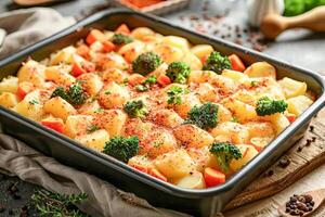 Vegetable casserole of potatoes, carrots and broccoli in a baking dish. photo