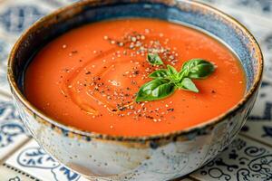 Spanish cold summer tomato soup gazpacho on a tile surface. photo