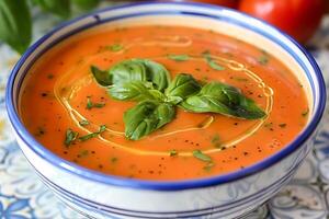 Spanish cold summer tomato soup gazpacho on a tile surface. photo