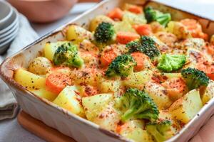 Vegetable casserole of potatoes, carrots and broccoli in a baking dish. photo