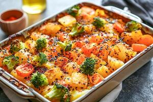 Vegetable casserole of potatoes, carrots and broccoli in a baking dish. photo