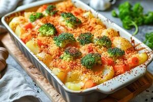 Vegetable casserole of potatoes, carrots and broccoli in a baking dish. photo