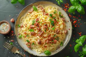 A portion of carbonara pasta in a plate on the table. photo