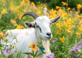 un blanco cabra con largo cuernos roza en un prado rodeado por flores silvestres foto