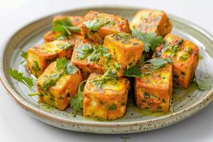 Traditional Indian fried paneer cheese with cilantro and pesto. photo