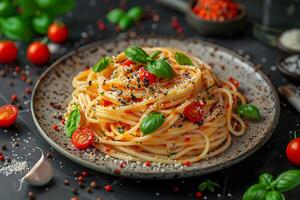 A portion of carbonara pasta in a plate on the table. photo