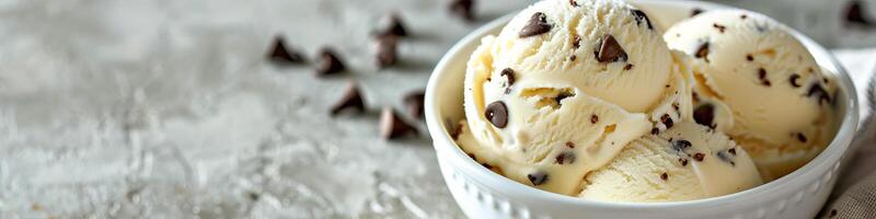 Ice cream with chocolate chip cookie. Banner, place for text. photo