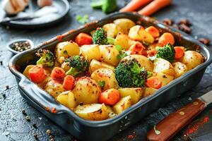 Vegetable casserole of potatoes, carrots and broccoli in a baking dish. photo