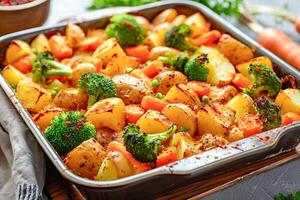 Vegetable casserole of potatoes, carrots and broccoli in a baking dish. photo