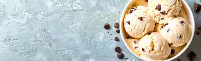 Ice cream with chocolate chip cookie. Banner, place for text. photo