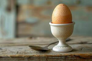 A boiled egg in an egg cup for breakfast on a wooden surface. photo