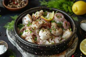 sugudai, plato de pueblos de el norte, hecho desde crudo pez. foto