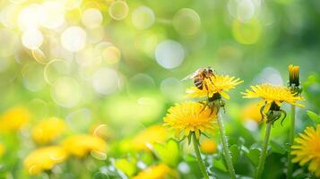 un miel abeja recoge néctar desde amarillo diente de león flores foto