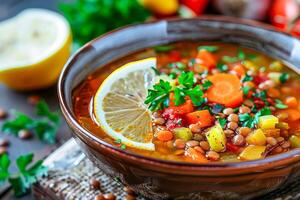 Lentil soup, garnished with a slice of lemon and fresh herbs. photo