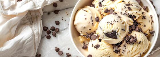 Ice cream with chocolate chip cookie. Banner, place for text. photo