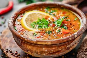 Lentil soup, garnished with a slice of lemon and fresh herbs. photo