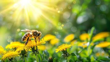 un miel abeja recoge néctar desde amarillo diente de león flores foto