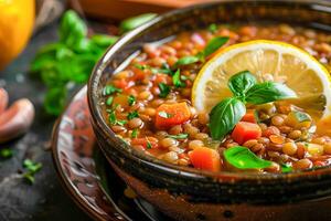 Lentil soup, garnished with a slice of lemon and fresh herbs. photo