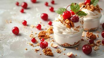 Homemade yogurt with fruits, berries and nuts in a glass glass. photo