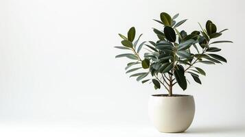 Houseplant ficus in a white pot on a white background, copy space. photo