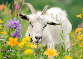 A white goat with long horns grazes in a meadow surrounded by wildflowers. photo