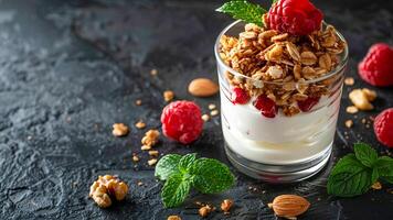 Homemade yogurt with fruits, berries and nuts in a glass glass. photo