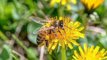 un miel abeja recoge néctar desde amarillo diente de león flores foto