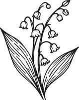 isolated simple minimal one lily of the valley branch twig with glowers and leaves colorless black and white contour line easy drawing coloring pages for kids, lily of the valley coloring page vector