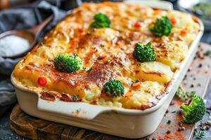 vegetal cazuela de papas, zanahorias y brócoli en un horneando plato. foto