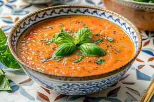 Spanish cold summer tomato soup gazpacho on a tile surface. photo