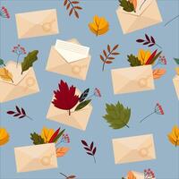 Envelopes with beautiful autumn leaves and letters. seamless pattern on blue background. vector