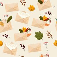 Envelopes with beautiful autumn leaves and letters. Seamless pattern. vector