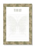 Planner, to do list with hand drawn butterfly in zentangle style and pastel colors. vector