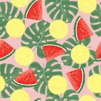 Seamless pattern with hand drawn watermelon, lemon slace and tropical monstera leaves on pink background. vector