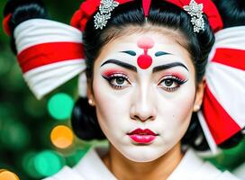 un mujer con rojo pelo y constituir, vistiendo un tradicional japonés kimono y participación un admirador. foto