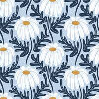 Aesthetic contemporary seamless pattern with daisy flowers. White chamomiles on blue vector