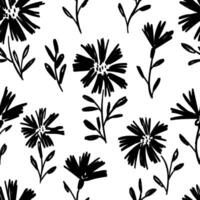 Meadow flowers seamless pattern. Black on white ink drawing floral design. Modern print for textile, fabric, wallpaper, wrapping, scrapbook and packaging vector