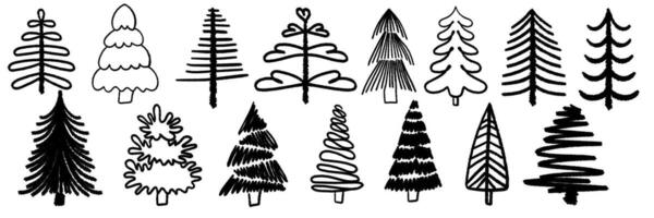 Collection of Christmas trees. Brush painted stylized trees for New Year and Christmas greeting cards, wrapping holiday design. vector